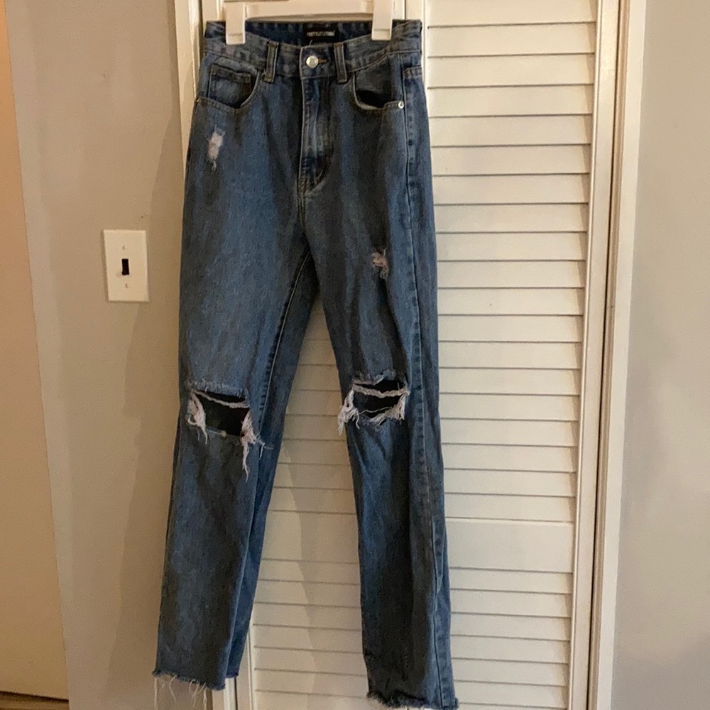 High waisted Straight leg Fringe bottoms Ripped jeans